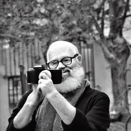 Image similar to cute cartoon character, beard grandpa taking a photo to a baby girl, stuart davis