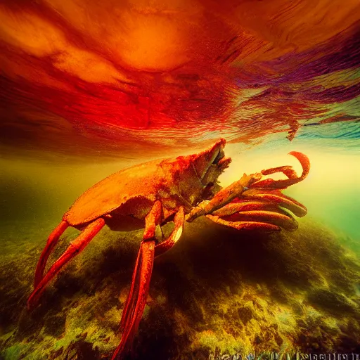 Image similar to film photography of a giant lobster swimming amongst colourful underwater clouds by Kim Keever, low shutter speed, 35mm