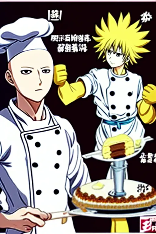 Image similar to chef saitama one punch man, dressed as a pastry chef, making a cake, anime artwork