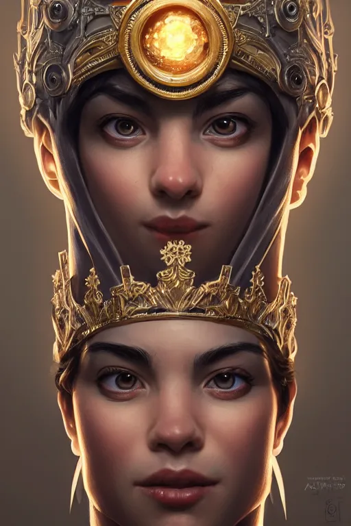 Image similar to highly detailed portrait of a minion, ornate crown, beautiful symmetrical face, glowing skin, digital painting, artstation, concept art, smooth, clear focus, illustration, greg rutkowski, artgerm, global lighting, detailed and fantasy