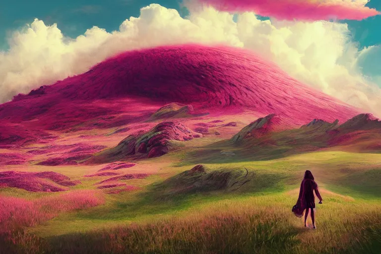 Image similar to giant dahlia flower as the head, girl walking on mountain, surreal photography, pink storm clouds, dramatic light, impressionist painting, digital painting, artstation, simon stalenhag