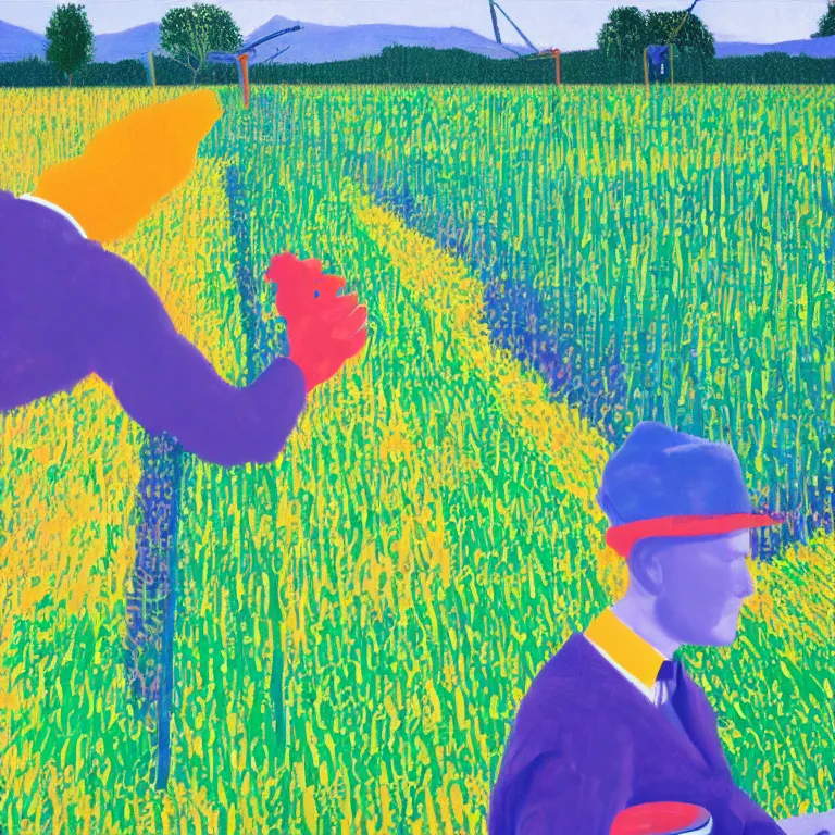 Image similar to dreaming from a new economy and a new financial system for high precision farming, painted by David Hockney, airbrush