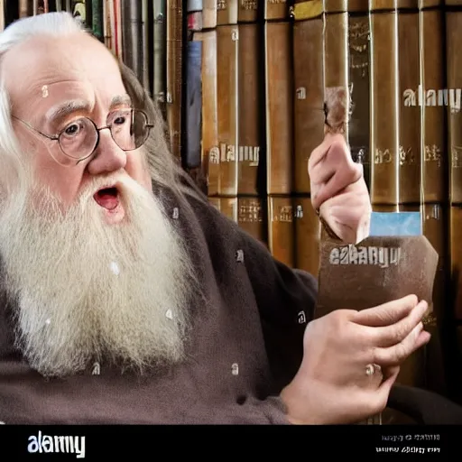 Prompt: morbidly obese dumbledore lectures harry potter on the virtues of prayer, stock photo, realistic