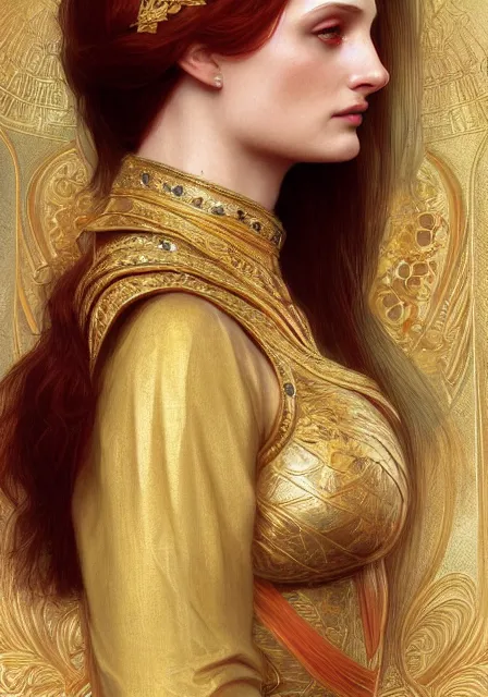 Image similar to sansa angeline jolie gessica chastain mummy cleopatra gold, intricate, elegant, highly detailed, digital painting, artstation, concept art, smooth, sharp focus, illustration, art by artgerm and greg rutkowski and alphonse mucha and william - adolphe bouguereau