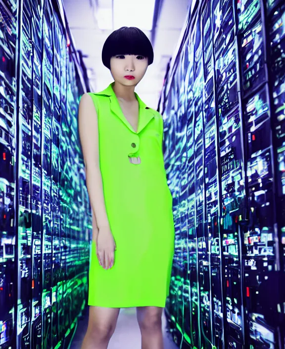 Prompt: asian girl, neon green bobbed and bowl cut hair, standing in a server room, wearing business casual dress, 4 k, vaporwave, cinecolor, perfect detail, realism