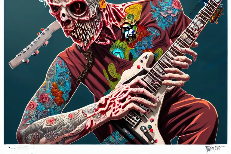 Image similar to zombie punk guitar player, tristan eaton, victo ngai, artgerm, rhads, ross draws, intricated details, 3 / 4 view, full body portrait