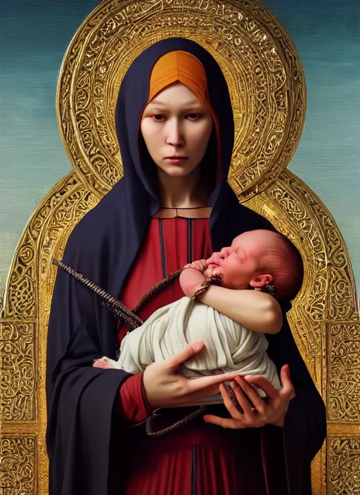 Image similar to realistic detailed 8k photo of futuristic holy cyborg-mother holding a newborn baby child in hands by Raphael Santi, orthodox icon Neo-Gothic, gothic, rich deep colors. masterpiece, intricate artwork by Tooth Wu and wlop and beeple, greg rutkowski