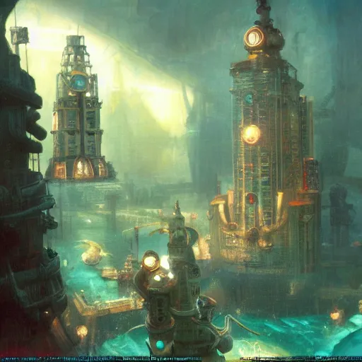 Image similar to underwater city, bioshock, highly detailed painting by gaston bussiere, craig mullins, j. c. leyendecker 8 k