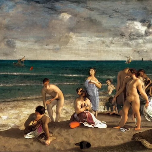 Image similar to A beautiful photograph of a group of people on a beach. The colors are muted and the overall tone is serene. The people are all engaged in different activities, from reading to playing games, and the artwork seems to be capturing a moment of peace and relaxation. by Paolo Veronese, by James Abbott McNeill Whistler, by Ed Emshwiller