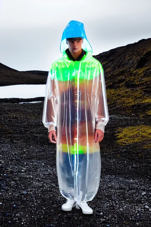 Image similar to an ultra high definition professional high fashion portrait studio full length photograph of a male model wearing a transparent pearlescent raincoat and neon visor in an icelandic black rock environment at dawn. no artefacts. extremely detailed. stark. refraction. shallow depth of field. volumetric light and shadow. ray tracing. light rays.