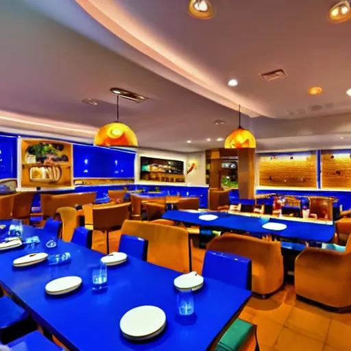 Prompt: McDonald's Restaurant, Blue themed, blue colors, blue walls, blue logo, 4k, realistic, award-winning photograph