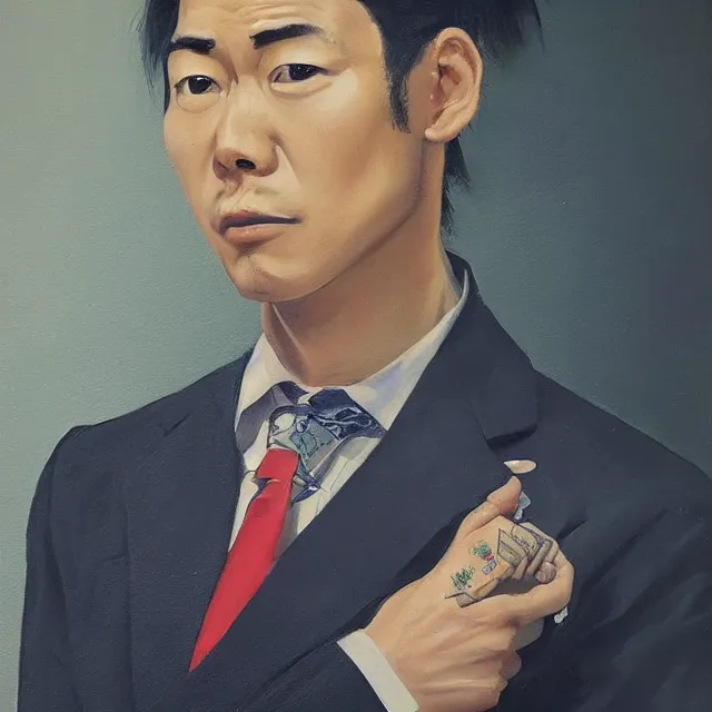 Prompt: a beautiful, hyperrealism, oil painting portrait of a japanese salary man wearing a suit, kanji tattoos and decals, in the style of james jebusa shannon, reisha perlmutter and finnian macmanus