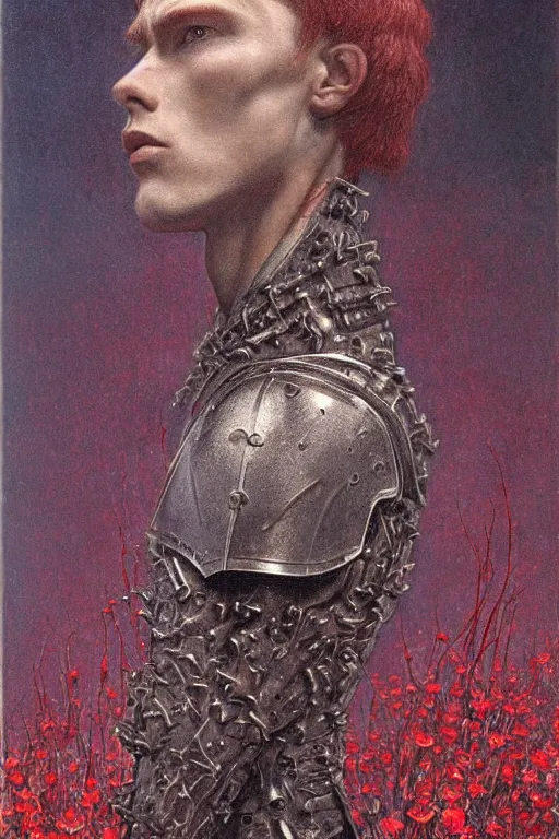 Prompt: portrait of beautiful gothic young man, thunderstorm, cyber armor, a lot of scars, more and more flowers, red head, the middle ages, highly detailed, artstation, illustration, art by jean delville, 8 k quality, art by greg gandy