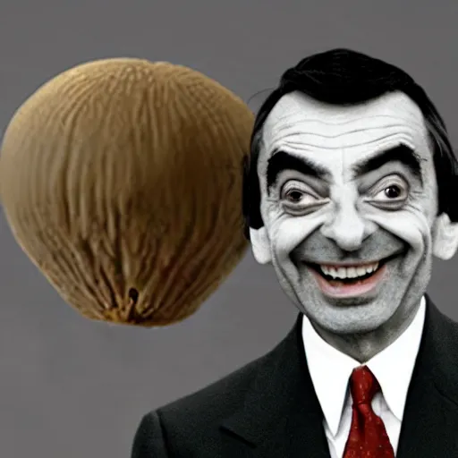 Image similar to 1980s archival photo of Mr Bean smiling sinisterly with a mushroom cloud behind him