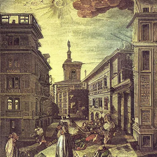 Prompt: print. a cityscape. the different colors and shapes represent different parts of the city. renaissance, dandelion by annibale carracci