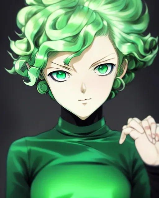 Image similar to tatsumaki from one punch man, green wavy hair, black dress, fine details, sharp focus, intricate, realistic shaded perfect face, by cushart krenz makoto shinkai artgerm ilya kuvshinov rossdraws