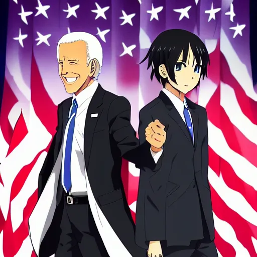 Image similar to key anime visual of joe biden and Kirito; official media
