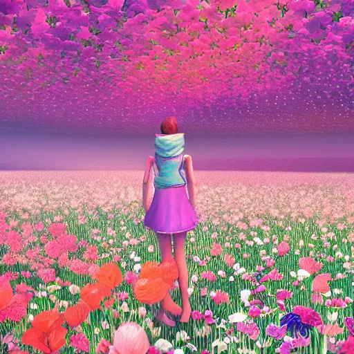 Prompt: a girl among a flower field thinks about space, graceful, an ultrafine detailed illustration by kim jung gi, bright colors, unreal engine 5 highly rendered, detailed and intricate environment