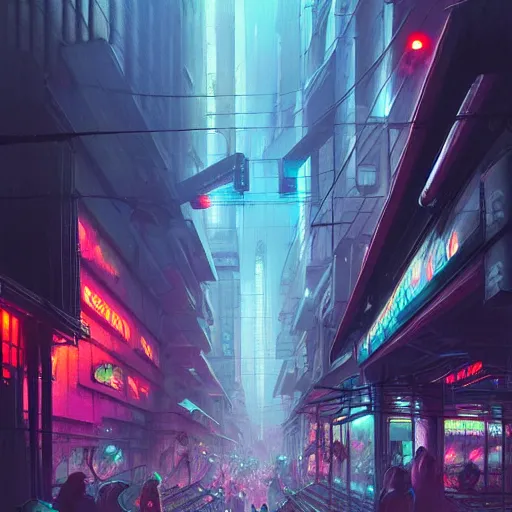 Image similar to overly crowded street of a cyberpunk city, rain, harsh neon lights, highly detailed, digital painting, trending on artstation, concept art, sharp focus, illustration, art by artgerm and greg rutkowski and magali villeneuve