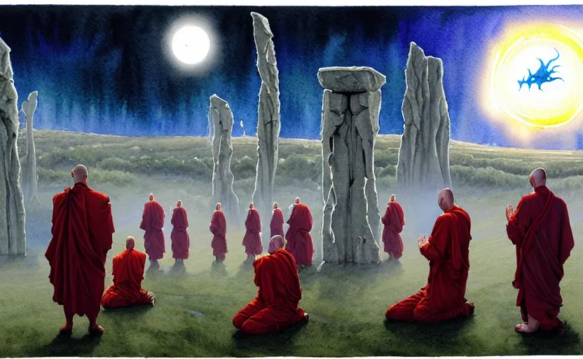 Image similar to a hyperrealist watercolour character concept art portrait of a group of european monks kneeling down in prayer to a tall elegant lovecraftian alien on a misty night in stone henge. a battlecruiser starship is in the background. by rebecca guay, michael kaluta, charles vess and jean moebius giraud