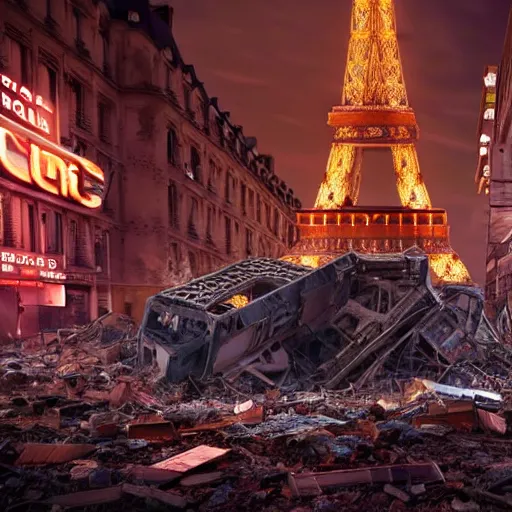 Image similar to A beautiful intricate 8K award-winning ground-level cinematic movie photograph of the future rusting rubble of the fallen and decimated Eiffel Tower, lying in pieces on the ground, surrounded by neon and collapsing corporate video billboard displays. in the year 2050, by Bruno Delbonnel and greg rutkowski. octane render, Arri Alexa 65. Cinematic lighting