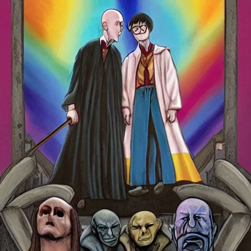 Prompt: harry potter with voldemort, pride flag in background, full picture, art by normal rockwell