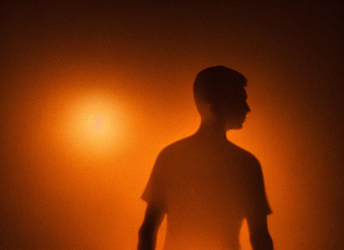 Prompt: human silhouette, large diffused glowing aura, long exposure, film grain, cinematic lighting, cinematic composition