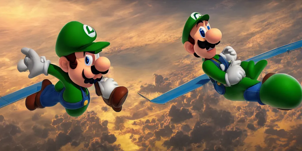 Prompt: luigi from super mario flying a boeing 3 7 3, realistic 4 k octane beautifully detailed render, 4 k post - processing, highly detailed, intricate complexity, epic composition, magical atmosphere, cinematic lighting, masterpiece, ultra hd