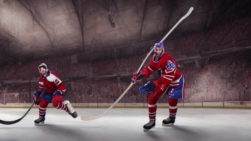 Image similar to A fantasy comic book style portrait painting of the ghost of Guy Lafleur and other Habs Legends playing hockey in a stunning cathedral arena in heaven, unreal 5, DAZ, hyperrealistic, octane render, RPG portrait, dynamic lighting