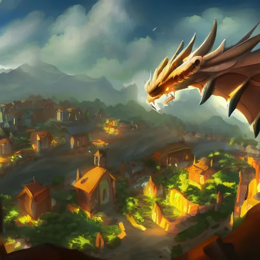 Prompt: giant baby dragon flying over a small village, people looking up, 4k, detailed, illustration, artstation - Porforever, by porforever,