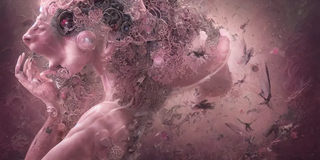 Image similar to hyperrealistic solarpunk photography of a highly detailed and symmetrical gorgeous cyborg nymph awash in a sea of pink milk in the style of beth cavener, jin kagetsu, james jean and wlop, highly detailed, face symmetry, masterpiece, award - winning, sharp focus, intricate concept art, ambient lighting, 8 k, artstation