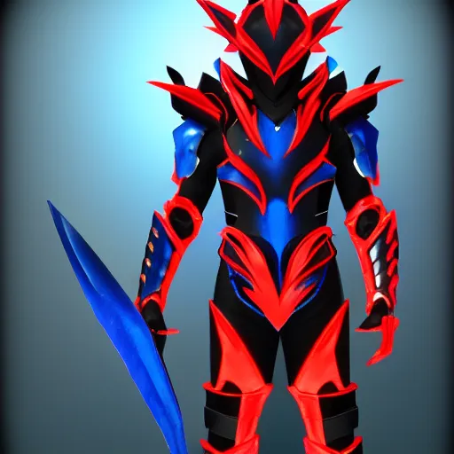 Prompt: dragon inspired High Fantasy Kamen Rider, blue with red secondary color, 4k, glowing eyes, daytime, black rubber undersuit