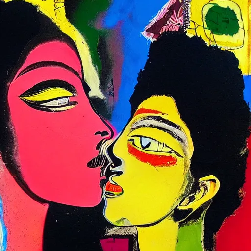 Image similar to beautiful painting of two bizarre psychedelic women kissing each other closeup in a cafe in japan, speculative evolution, mixed media collage by basquiat and jackson pollock, magazine collage art, sapphic art, lesbian art