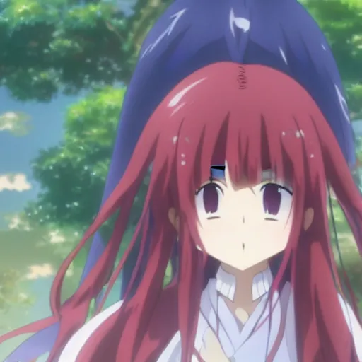 Prompt: girl with red ribbons in her hair, anime, kyoto animation, magical