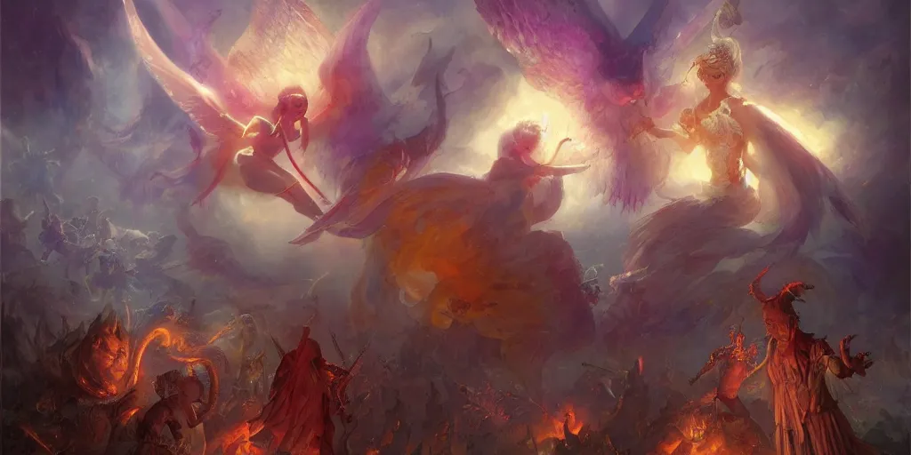 Prompt: Fantasy battle of the angelic and demonic forces by Marc Simonetti and Delphin Enjolras