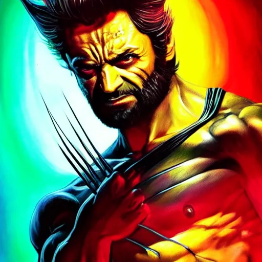 Image similar to wolverine starring into the camera, fixed eyes, flowing black coat with glowing neon yellow, colorful, surreal, dramatic lighting, face, detailed, intricate, elegant, highly detailed, digital painting, artstation, chalk, concept art, smooth, sharp focus, illustration, art by sam spratt, dan mumford, artem demura and alphonse mucha