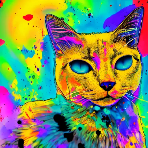 Image similar to portrait of cyberpunk cat, colorful, splatters, by ute osterwalder