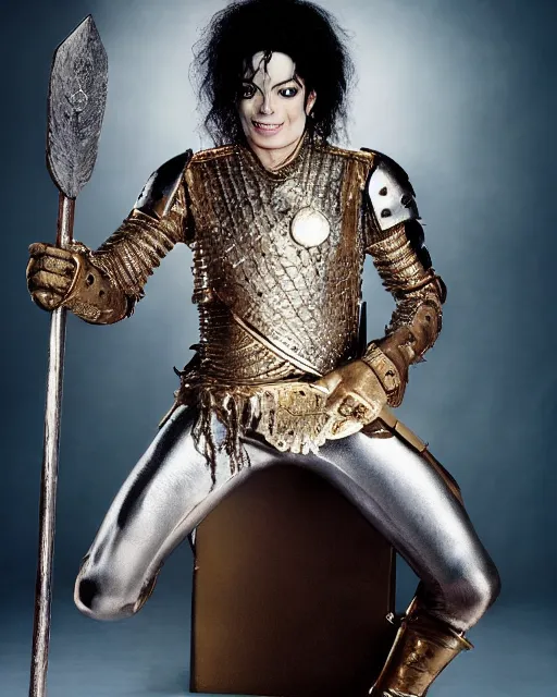 Image similar to michael jackson as king conan, directed by john millius, photorealistic, sitting on a metal throne, wearing ancient cimmerian armor, a battle axe to his side, he has a beard and graying hair, cinematic photoshoot in the style of annie leibovitz, studio lighting