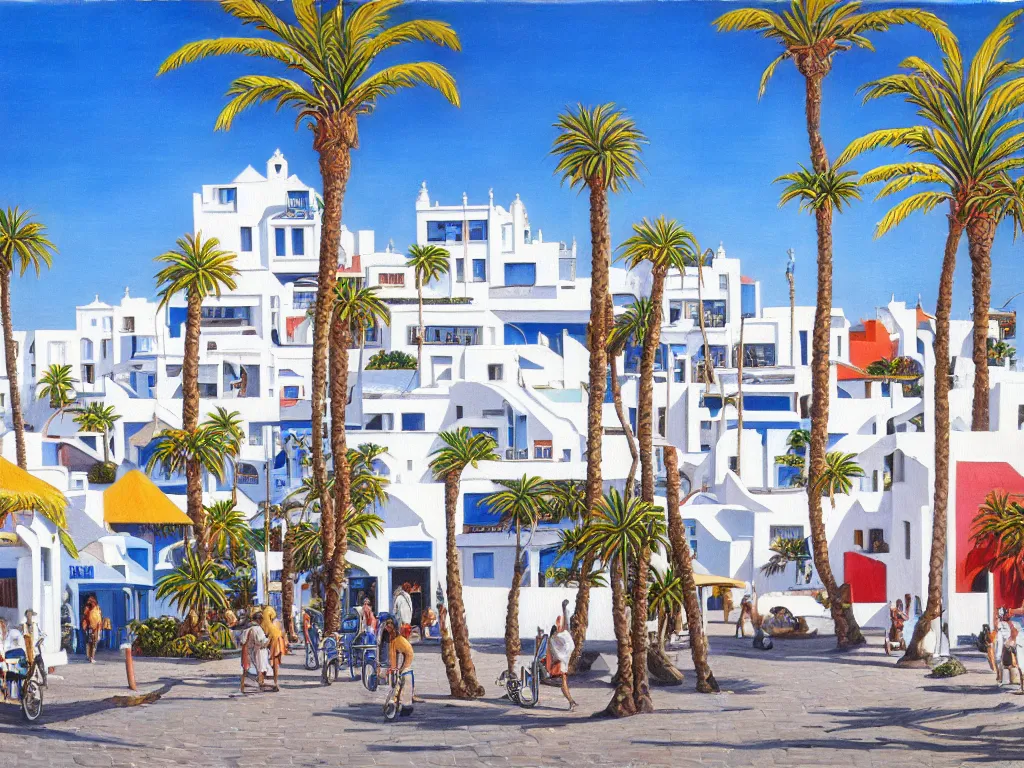 Prompt: hyperrealistic painting of lanzarote, mechanical designs, white houses and palms, technological, detailed engineering, vivid color, elegant, meticulous, cinematic, cyberpunk style, highly detailed, realism, intricate, acrylic on canvas, 8 k resolution, concept art, by noriyoshi ohrai, francesco di giorgio martini