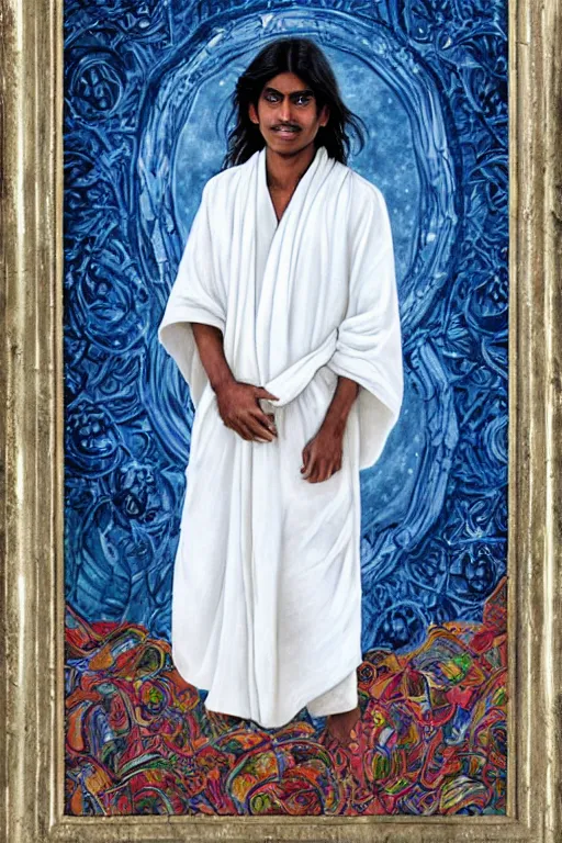 Image similar to sri lankan boy with long hair in white robes, art by Giancola, Donato