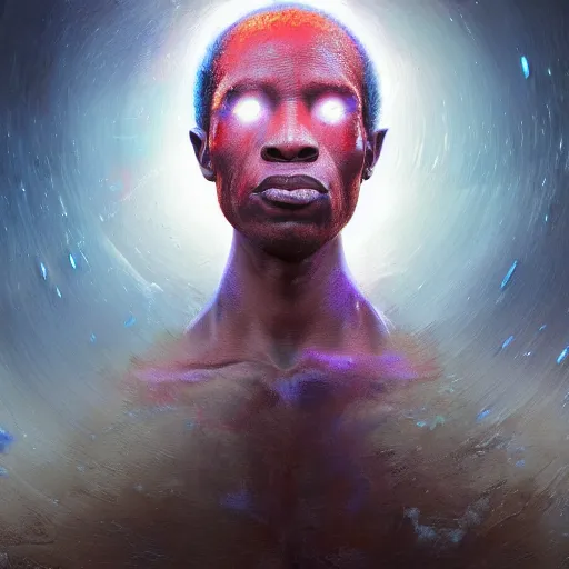 Image similar to an african!! cosmic god bending space time, watchmen, dim light, bloom, front game card, marvel comics, dark, intricate, highly detailed, smooth, artstation, digital illustration by ruan jia and mandy jurgens and artgerm and wayne barlowe and greg rutkowski and zdislaw beksinski, and adi granov