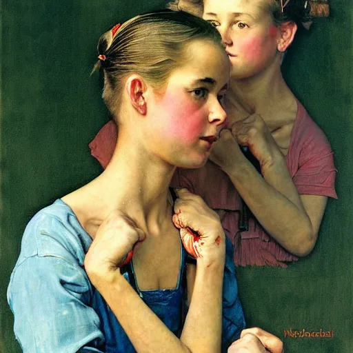 Image similar to high quality high detail painting by norman rockwell, hd, two beautiful young women are conjoined twins, photorealistic lighting