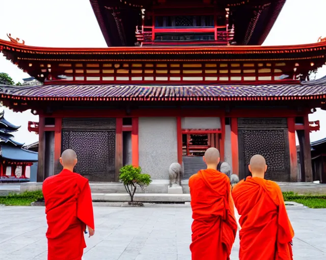 Image similar to a hyperrealistic scenery of 6 monks meditating in front of pagoda temple, extreme wide shot