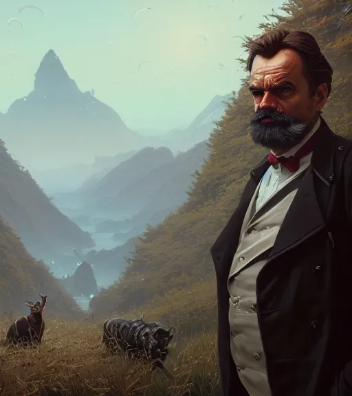 Image similar to highly detailed portrait friedrich nietzsche in gta v, stephen bliss, unreal engine, fantasy art by greg rutkowski, loish, rhads, ferdinand knab, makoto shinkai and lois van baarle, ilya kuvshinov, rossdraws, tom bagshaw, global illumination, radiant light, detailed and intricate environment