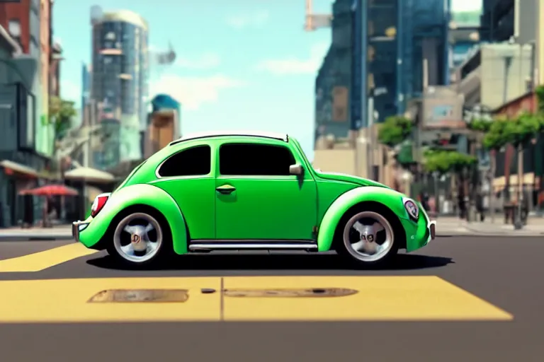 Prompt: a wholesome animation key shot of!! one!! focused!! vw beetle superbug!! in shiny reflective stainless steel, in a sydney street in australia, medium shot, studio ghibli, ( pixar ) and disney animation, sharp, very detailed, high resolution, rendered in unreal engine 5, anime key art by greg rutkowski, bloom, dramatic lighting