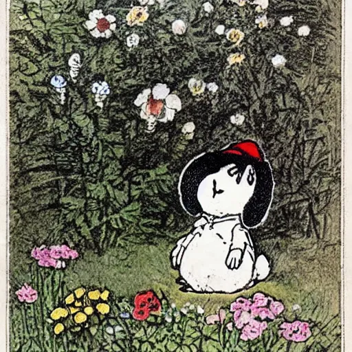 Image similar to Beatrix Potter illustration of Snoopy in a cottage garden