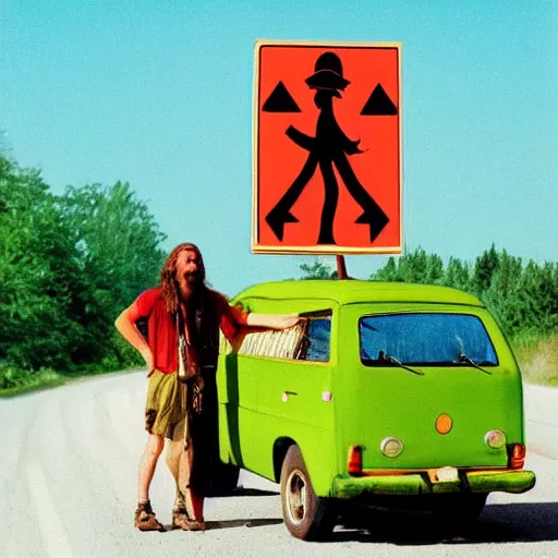 Prompt: a hippie poster of 2 people hitchhiking at the edge of the road with a caravan,