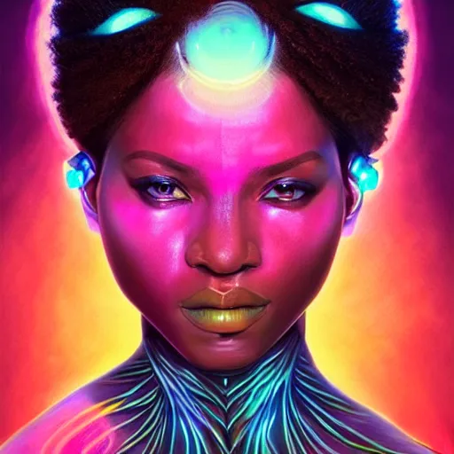 Image similar to african neon goddess, science fiction, highly detailed, digital painting, beautiful eyes, symmetry, concept art, sharp focus, illustration, global illumination, radiant light, synthwave colors, detailed and intricate environment, art by artgerm and greg rutkowski and magali villeneuve and ilya kuvshinov!