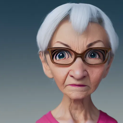 Prompt: super cute but angry gran, portrait, face symmetry, centered, anime style, disney character style, octane render, symetrical portrait, 3 d, pixar, disney, epic lighting, cinematic composition, hyperrealistic, 8 k