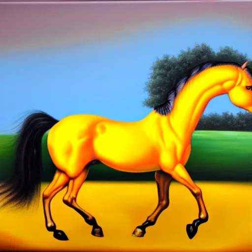 Prompt: a yellow horse as wide as a house, oil on canvas, surreal